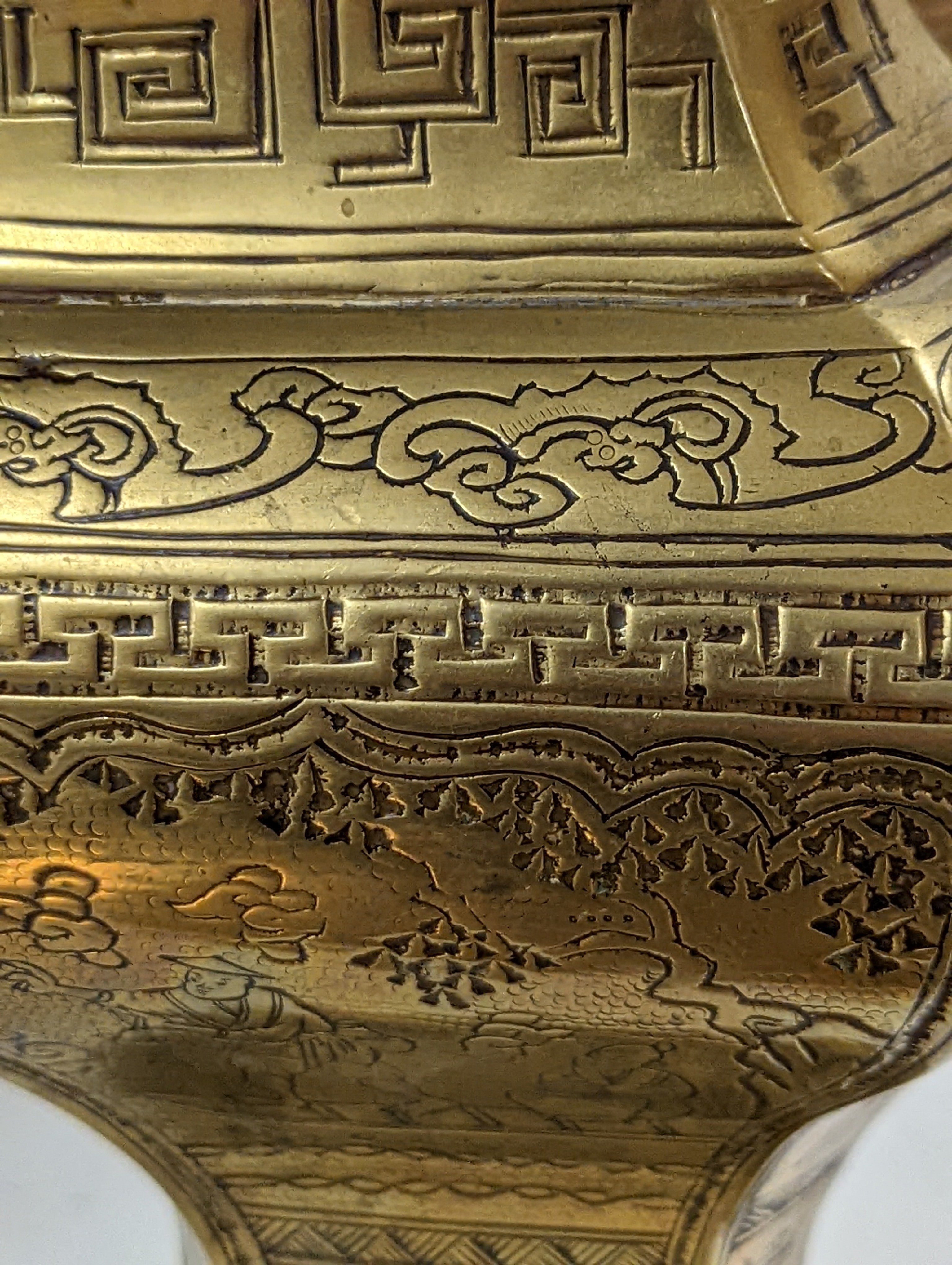 Two early 20th century Chinese bronze vases and a similar tray, 35cm diam.